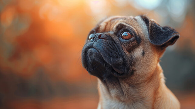 Beautiful cute pug dog on a bright background