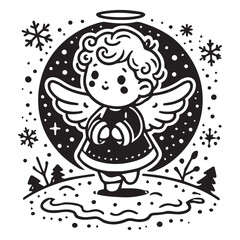 little snow angel in a snowy field black color vector illustration white color background