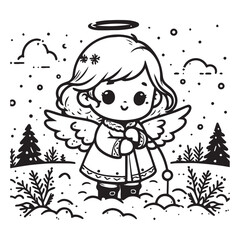 little snow angel in a snowy field black color vector illustration white color background