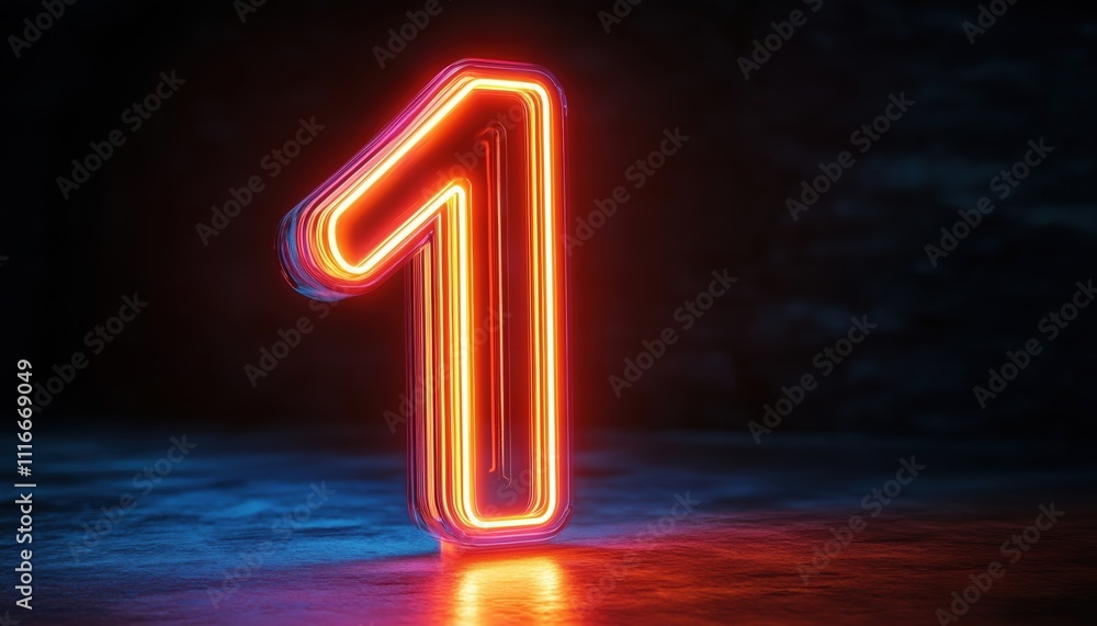 Poster neon number one: glowing 3d rendering of glass symbol 1 shape dominating the top chart. bright and e