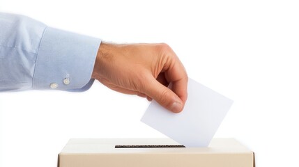 A close-up of a ballot box with a hand casting a vote against a white background.