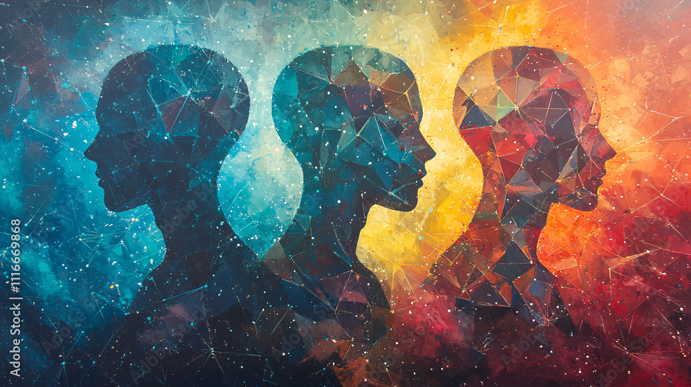 Poster abstract human forms merging with colorful geometric patterns, representing the fusion of talent, cr