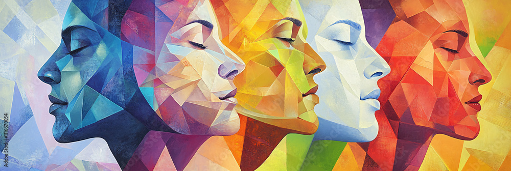 Poster abstract human forms merging with colorful geometric patterns, representing the fusion of talent, cr