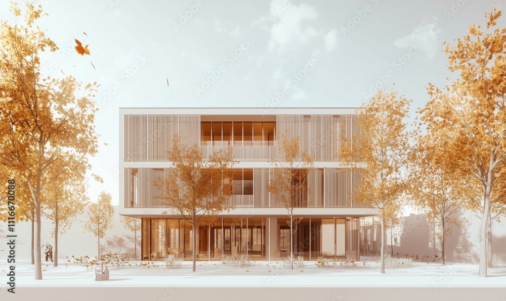 Poster modern architectural design with autumn foliage, featuring sleek lines and large windows, surrounded