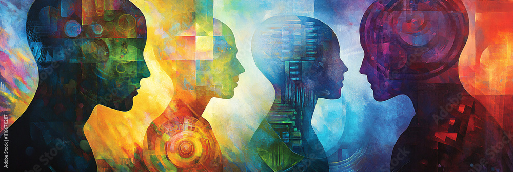 Poster abstract human forms merging with colorful geometric patterns, representing the fusion of talent, cr