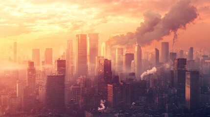 Obraz premium Dramatic urban sunset over skyscrapers metropolis cityscape aerial view industrial environment visual serenity