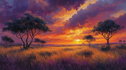 Fototapeta premium Sunset Landscape with Silhouetted Trees and Grassy Field
