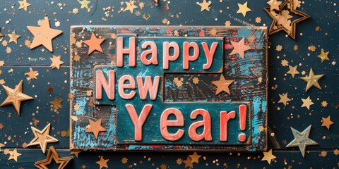 Fototapeta premium Celebratory sign wishing Happy New Year surrounded by decorative stars on a wooden backdrop