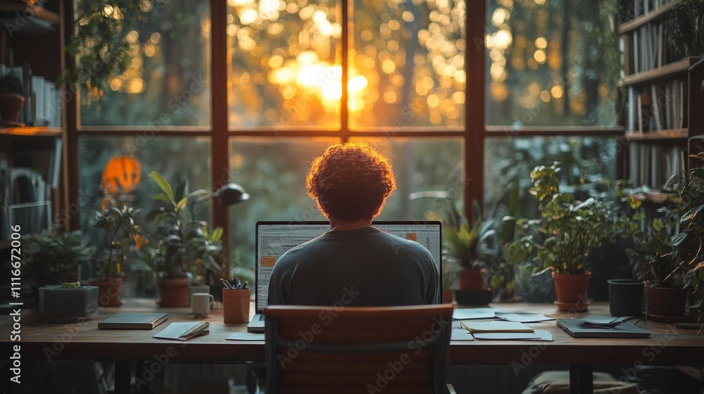 Poster a person sits at a wooden desk in a cabin, focused on their laptop as the sun sets behind trees. the