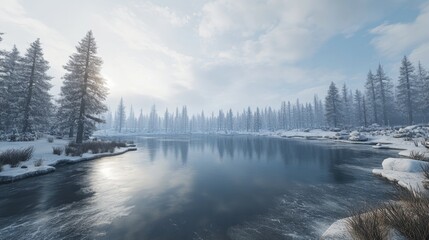 A frozen lake surrounded by snow-covered trees and a cloudy sky, depicting a winter season lake scene in 3D.
