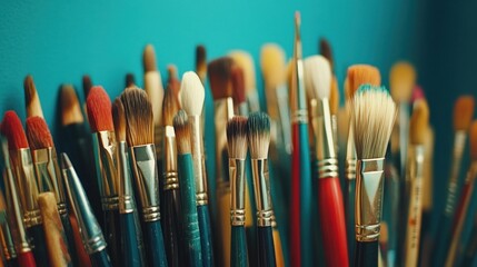 Fototapeta premium Close-up of various paintbrushes against a teal background.