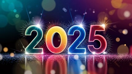 Happy New Year 2025 Celebration Banner. Festive New Year celebration. Golden light bokeh. Party design. Holiday card. Happy new year. Night event.