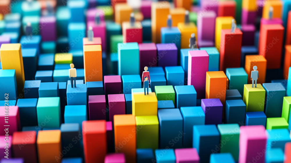 Poster business figures merging with brightly colored blocks, each block representing different roles or sk