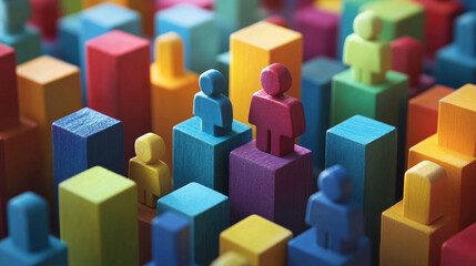 Obraz premium Business Figures Merging with Brightly Colored Blocks, Each Block Representing Different Roles or Skills in a Company 