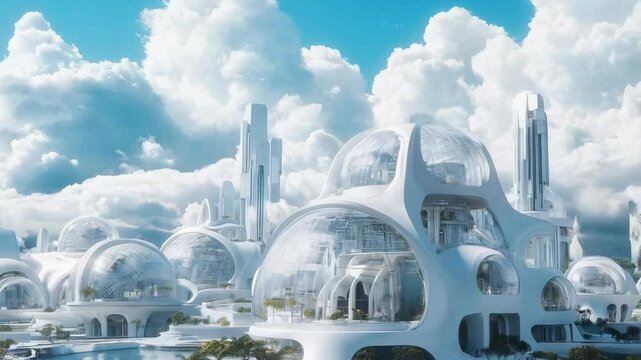 Future eco city. Sustainable architecture concept. Futuristic metropolis landscape, nature and development. Biophilic design and green technology. Urban sustainability. Environmental innovation