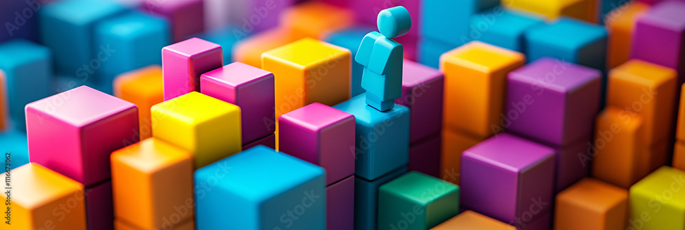 Poster business figures merging with brightly colored blocks, each block representing different roles or sk