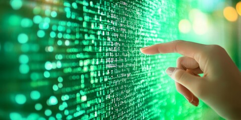 Close-up of a teacher's hand pointing at a digital screen displaying a math equation in green tones