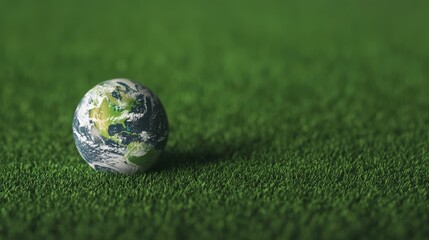 Naklejka premium Global awareness event earth on grass nature concept outdoor setting close-up view sustainability focus