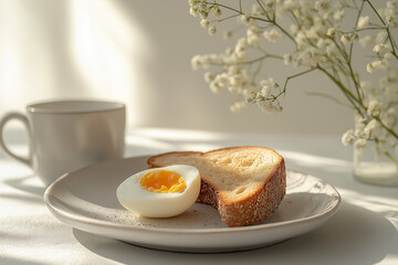 A minimalistic breakfast table featuring a soft-boiled egg, a slice of bread, a cup, and delicate flowers in the background