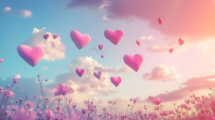 Soft pastel hearts floating on soft clouded sky while beautiful nature scenery captures essence love and unity in fresh bloom