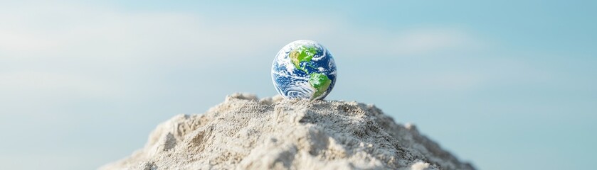 Global earth on sandy hilltop nature scene outdoor environment panoramic view environmental awareness
