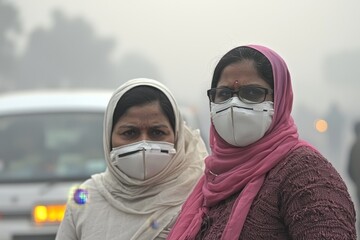 Health awareness amid air pollution crisis urban delhi photo of residents foggy environment close-up view social issues