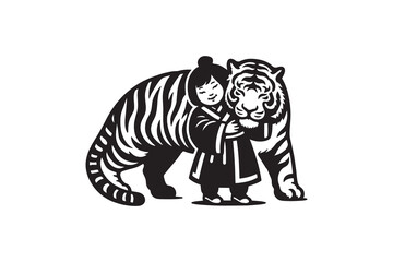 Fototapeta premium A little girl hugs a big tiger. Black and white ink hand drawn vector illustration. Emblem, logo