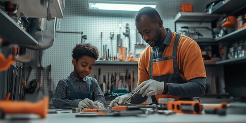 An experienced plumber teaches a young boy in a workshop filled with tools and plumbing equipment