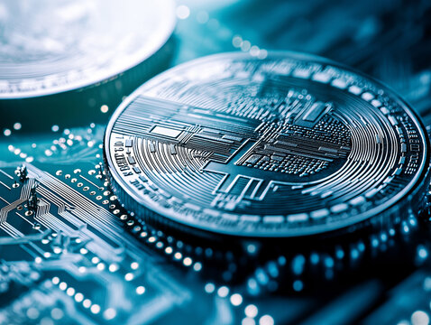 Close-up of a futuristic cryptocurrency coin placed on a digital circuit board with glowing blue lights.
