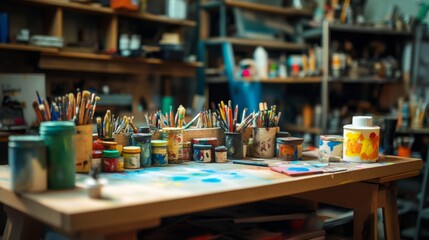 Artist's Creative Studio with Colorful Paints and Brushes