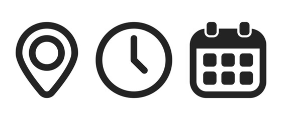 Map point marker, reminder calendar schedule and clock time illustrations. Vector icons in flat style