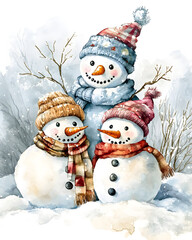Obraz premium A charming watercolor illustration of three snowmen in a snowy landscape.