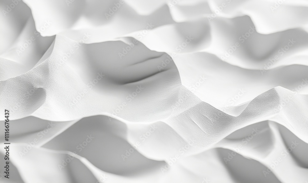 Poster textured white fabric with waves and folds, showcasing intricate patterns and soft draping, creating