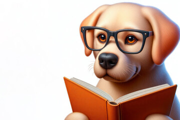 A puppy with glasses is reading a book. Space for text.