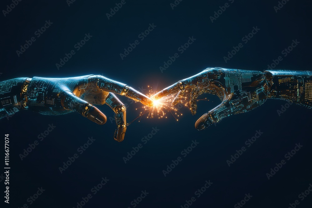 Poster an image that symbolizes the interaction between human and artificial intelligence