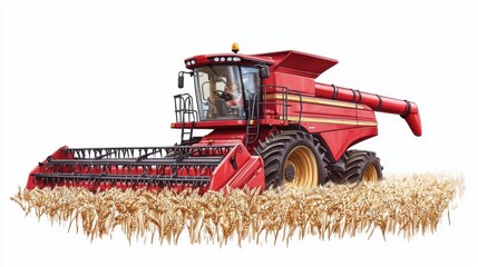 Fototapeta premium Red combine harvester working in a wheat field during harvest season in late afternoon sunlight