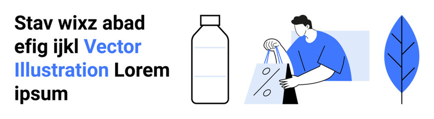 Man holding shopping bags, bottle, leaf, and text elements in blue color scheme. Ideal for e-commerce, eco-friendly products, shopping, consumer behavior, marketing strategies product design