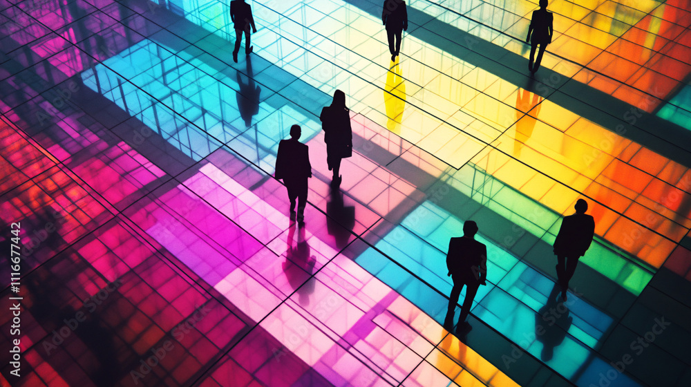 Poster colleagues walking across a grid of vibrant platforms, highlighting the complexity and structure of 