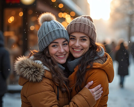 Two woman have a warm hug on the winter street, wear ahts and scarfs