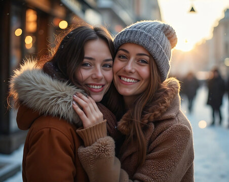 Two woman have a warm hug on the winter street, wear ahts and scarfs