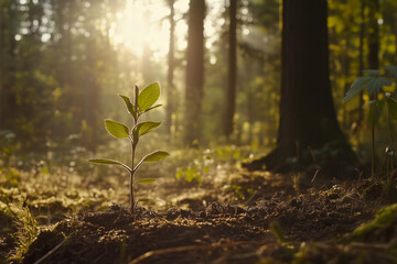 Young Tree Seedling Growing in Sunlit Forest Scene