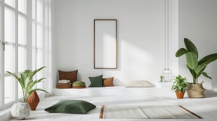 Chic minimalist living room with white walls, terracotta cushions, sage green accents, and sleek decor