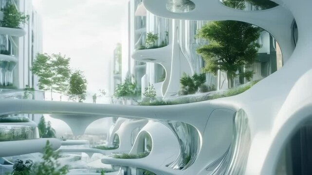 Future eco city. Sustainable architecture concept. Futuristic metropolis landscape, nature and development. Biophilic design and green technology. Urban sustainability. Environmental innovation