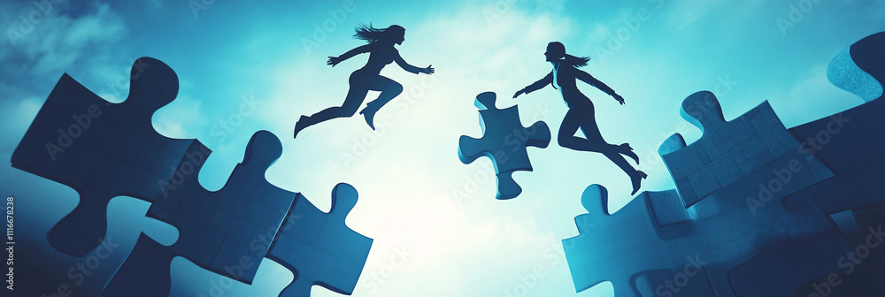 Aufkleber corporate figures leaping between floating puzzle pieces, representing the integration of skills in 