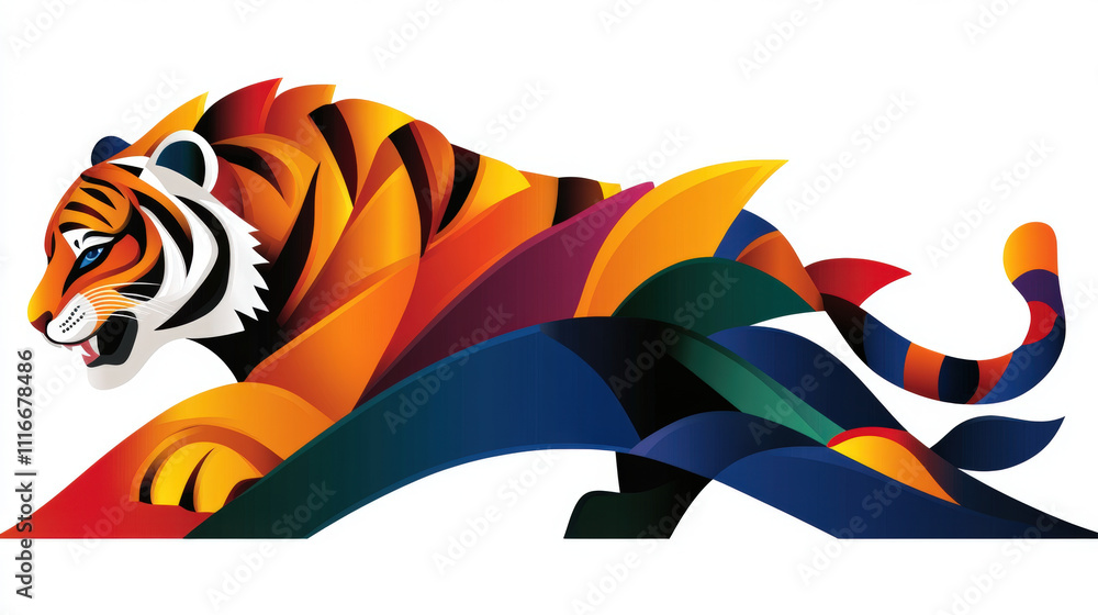 Poster vibrant multicolor tiger illustration with dynamic lines and bold patterns on white background