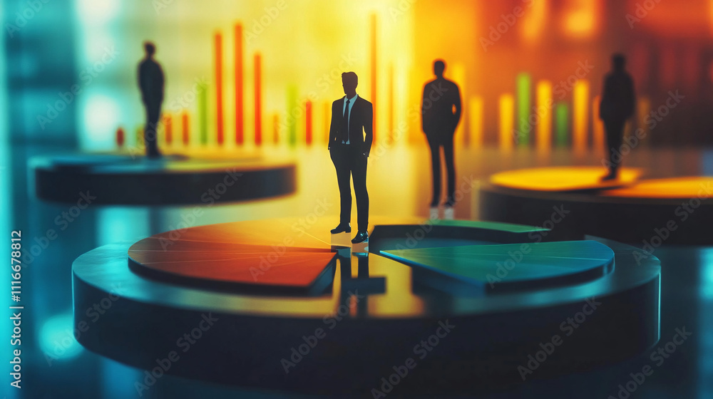 Poster corporate figures standing on floating platforms of pie and bar graphs, representing key performance