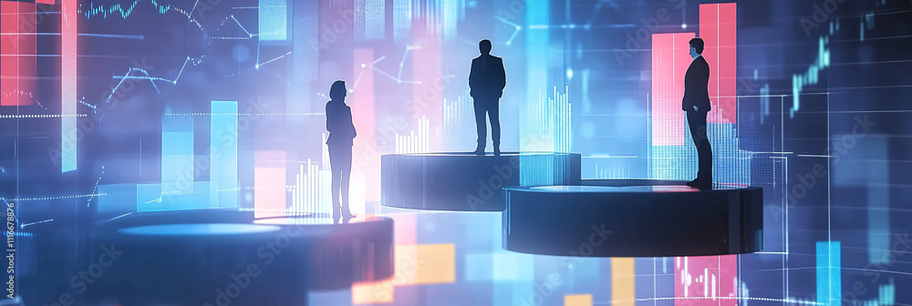 Poster corporate figures standing on floating platforms of pie and bar graphs, representing key performance