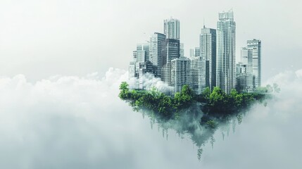 Fototapeta premium Urban oasis futuristic cityscape surrounded by clouds digital art atmospheric environment aerial view nature and technology fusion