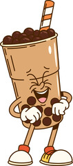 Cartoon groovy bubble tea cup character with a striped straw and tapioca pearls, wearing sneakers. Vector glass retro personage laughing with happy eyes and a big smile, giving off a joyful funky vibe
