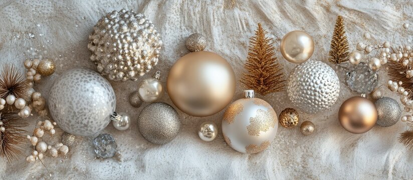Elegant ornaments in gold and silver tones arranged on a textured white background.
